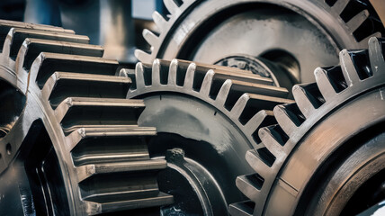 Close-up of industrial metallic gears showcasing their intricate design and shiny surfaces, symbolizing engineering and machinery.