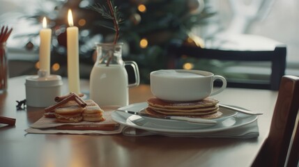 Obraz premium A stack of pancakes sits invitingly next to a cup of steaming coffee, illuminated by soft candlelight and framed by a festive Christmas tree in the background.