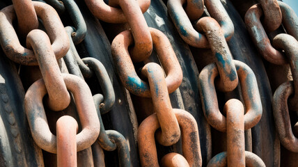 Close-up of heavy-duty rusted iron chains intertwined, showcasing weathered texture, earthy tones, and industrial strength.