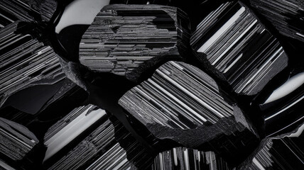 Naklejka premium Close-up view of black tourmaline crystals showcasing unique textures and reflective surfaces, creating a dramatic and striking appearance.