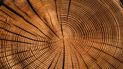 Fototapeta premium Close-up of a circular tree stump showcasing intricate growth rings and a warm, natural wood color.