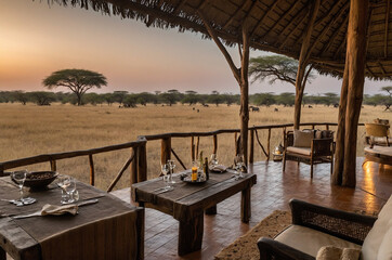 Fototapeta premium African Safari Lodge at Sunset with Scenic Views