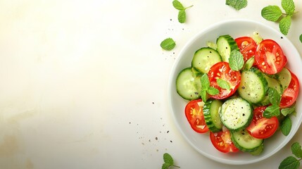 A white bowl filled with a refreshing cucumber and tomato salad, garnished with fresh mint leaves, on a light background.