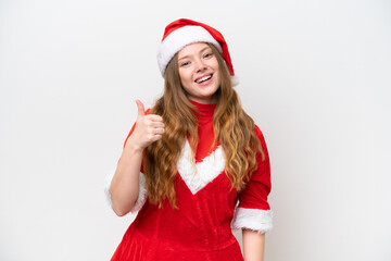 Young caucasian woman with Christmas dress isolated on white background with thumbs up because something good has happened