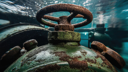 A close-up view of a rusted valve submerged in water, showcasing rich textures and colors that highlight age and decay in an industrial setting.