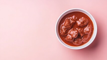 A white bowl of delicious Indian curry on a pink background.