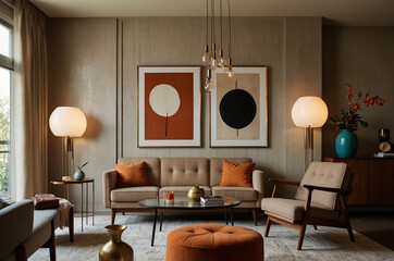 A mid-century modern inspired living room with clean lines and earthy hues