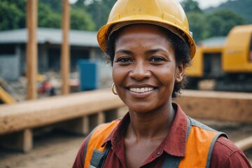 Close portrait of a smiling 40s Papua New Guinean woman construction worker looking at the camera, Papua New Guinean outdoors construction site blurred background