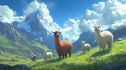 Naklejka premium Cute alpaca family grazing in a grassy field, with a mountainous landscape and soft clouds overhead