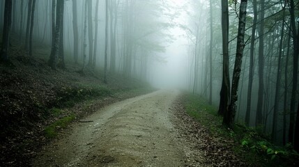 Fototapeta premium A misty forest road curves through towering trees, offering a serene and mysterious escape into nature's lush depths.