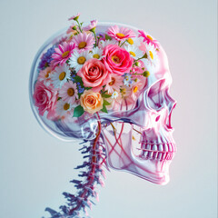 A vase with flowers and a vase with a picture of a human skull head