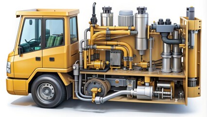 A Detailed Cutaway View of a Yellow Work Truck, Revealing its Complex Mechanical Systems and Inner Workings
