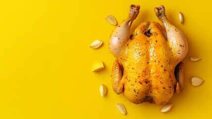 A whole roasted chicken with garlic on a yellow background, overhead view with copy space.