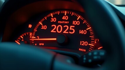 Car speedometer shows "2025". Happy new year concept