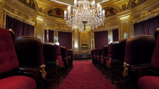 Elegant theater interior awaits audience, spectators, red seats and ornate gold details. Curtains on theatre stage. Anticipation and excitement for upcoming performance. Culture, performing arts.