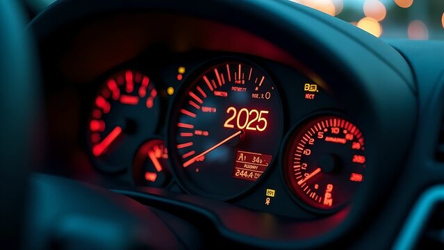 Car speedometer shows "2025". Happy new year concept