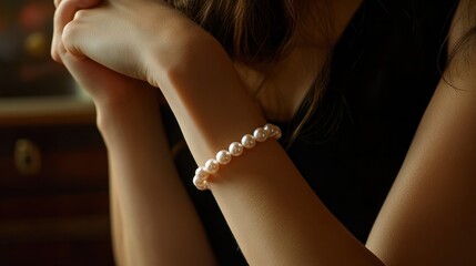 wrist adorned with a radiant pearl bracelet, each pearl shining with a soft luster against an elegant, luxurious backdrop, perfect for a high-end jewelry advertisement.