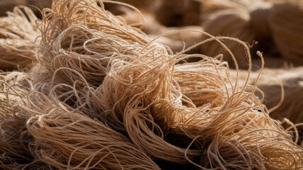Fototapeta premium Close-up image of raw natural fiber, showcasing intricate textures and earthy tones, symbolizing craftsmanship and sustainability.
