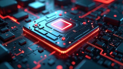 Fototapeta premium Close-up of dark microchip on circuit board with red lighting 