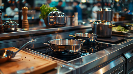 Professional Kitchen Workspace: A well-equipped kitchen with preparation tables, pans, pots, and stoves, designed for professional cooking and food preparation.