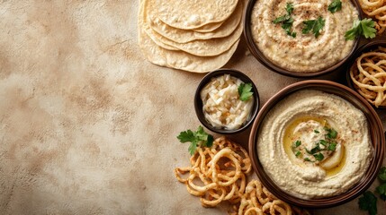 Bowls of hummus with pita bread and fried onion rings on a beige background.