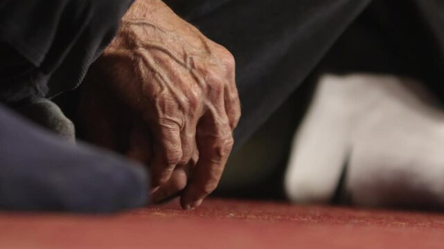 An old man's veined hands reflect the difficulties and beauties of life. Deep wrinkles and prominent veins bear the traces of experiences. This image emphasizes the fragility and strength of old age.