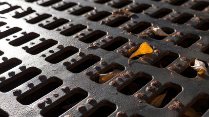 Close-up of a weathered metal grate with autumn leaves, showcasing rust and textures. The sunlight casts interesting shadows, creating a warm and reflective atmosphere.
