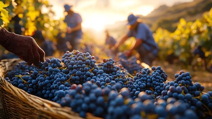 Grape harvest,  A scene of grape harvesting in a vineyard, where workers are carefully picking grapes