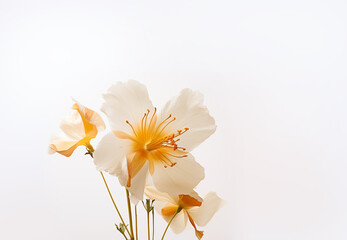 Fototapeta premium A beautiful bouquet of fresh spring colorful pastel flowers, flat lay on a white background. Text space available for beautiful fresh and dry flowers on a white background in a flat lay.