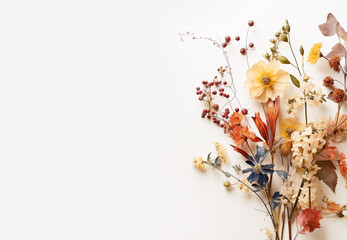 A beautiful bouquet of fresh spring colorful pastel flowers, flat lay on a white background. Text space available for beautiful fresh and dry flowers on a white background in a flat lay.