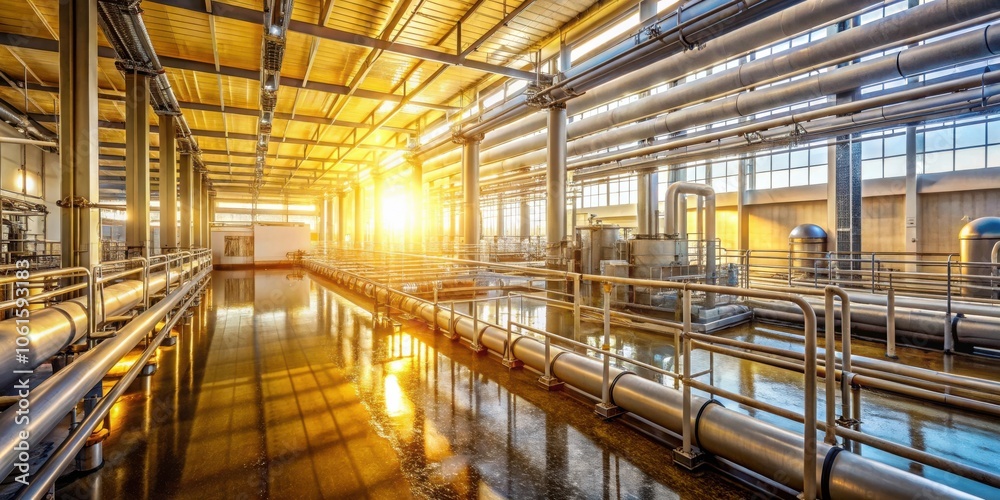 Poster sunlight streams through the industrial building, illuminating the network of pipes and tanks within