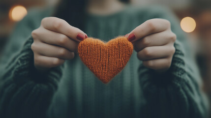 A woman is holding a knitted heart in her hand