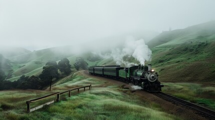 A classic steam locomotive weaves through a misty landscape, rolling past green pastures and mysterious valleys.