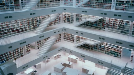 A modern, multi-level library with white walls and shelves packed with books, featuring crisscrossing staircases and bright lighting.