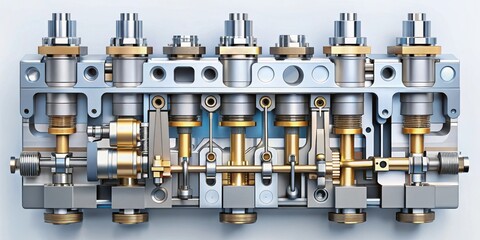 A detailed illustration of a complex engine, featuring multiple cylinders, pistons, connecting rods, and gears, showcasing the intricate workings of this powerful mechanism.