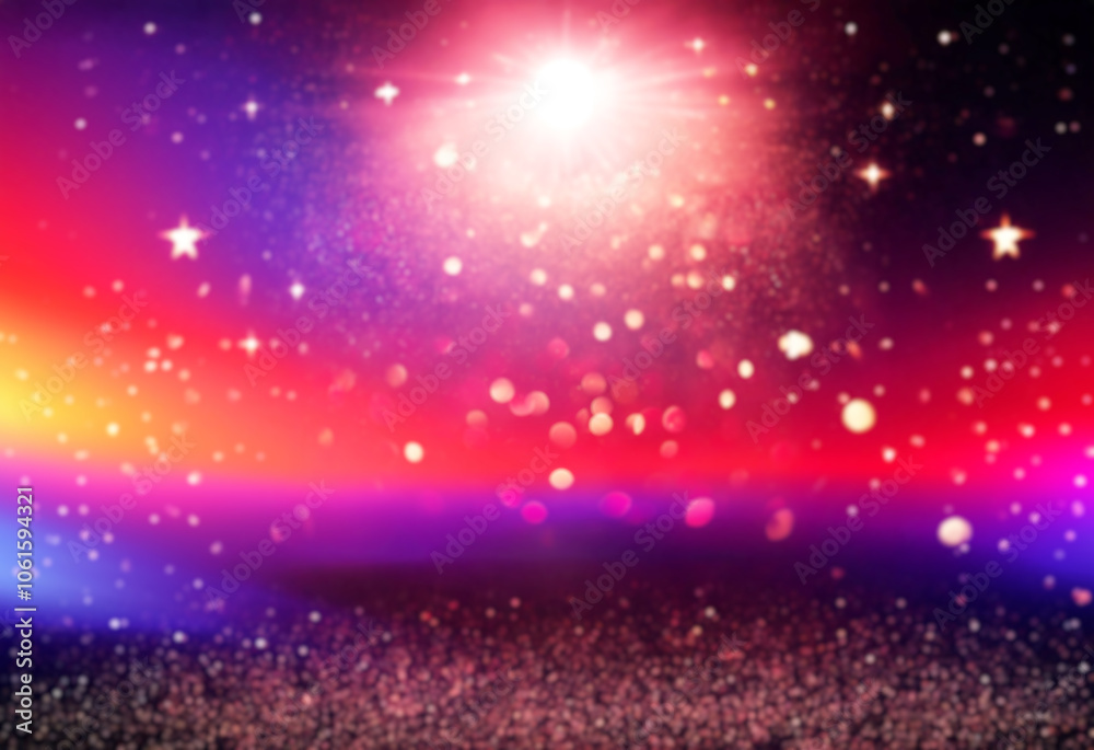 Poster red and white bokeh lights create a warm, festive glow against a dark background.