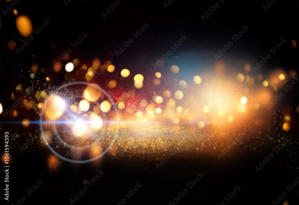 Poster a dark background with a scattering of glowing golden bokeh lights and a lens flare in the foregroun