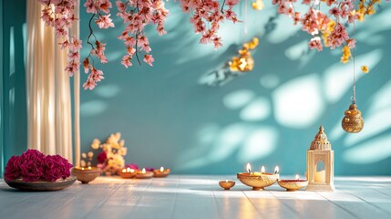 a light blue backdrop decorated for diwali in the daytime ,generative ai