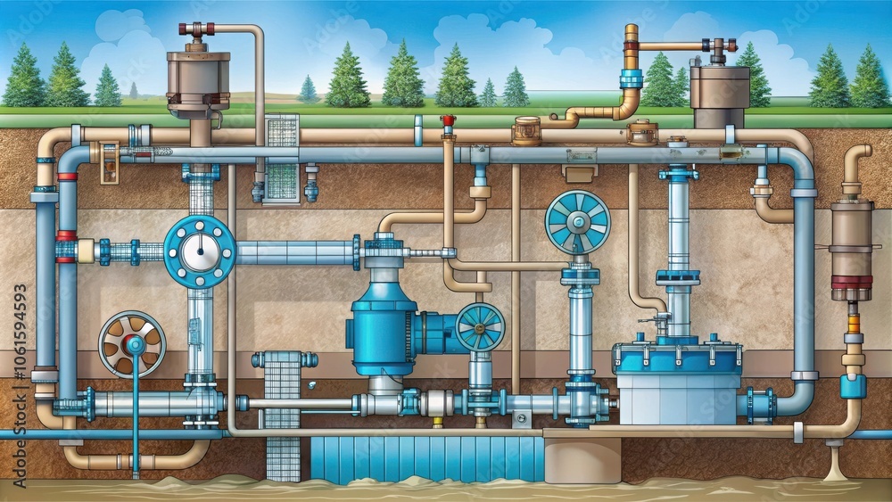 Aufkleber underground infrastructure showcasing a complex network of pipes, valves, and pumps designed for eff