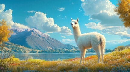 Naklejka premium Fluffy alpaca grazing in a serene field with a mountain backdrop, under a beautiful blue sky, creating a peaceful scene