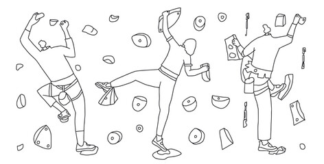 Set of rock climber doodle. Climbing indoor park on wall kit. Vector hand drawn flat collection illustration isolated on white background. © Syuzann q