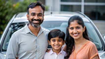 A smiling Indian family standing next to their car, representing the importance of car insurance for family security.
