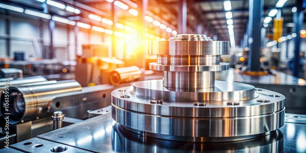 Aufkleber close-up view of a shiny metallic industrial machine component, with a blurred factory backdrop, sho