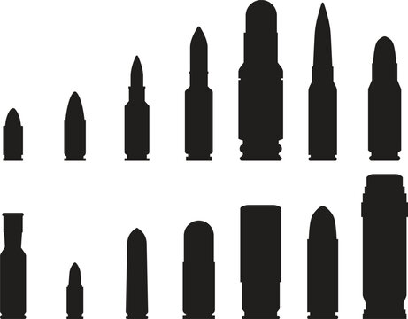 Set of bullet, ammo ammunition of different guns in different shape. Simple vector icon of different bullet type