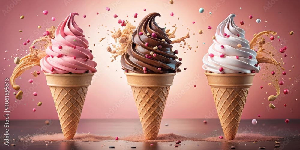 Leinwandbilder A Trio of Ice Cream Cones with Toppings Exploding in a Whirlwind of Flavor and Fun