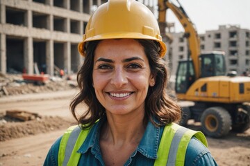 Close portrait of a smiling 40s Syrian woman construction worker looking at the camera, Syrian outdoors construction site blurred background