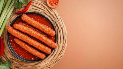 Four long, thin, red sausages in a black bowl with a tomato-based sauce.  There is green celery, red chili peppers, and a small bowl of red chili paste on the right side of the image. 