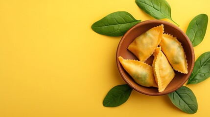 Four golden ravioli with spinach filling arranged in a brown bowl on a bright yellow background with fresh spinach leaves.