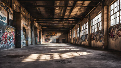 Industrial Ruins: A glimpse into the forgotten past - Sunbeams pierce through a network of dusty windows, illuminating the forgotten beauty of an abandoned factory.  Graffiti art.