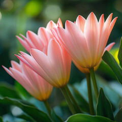 Fototapeta premium Beautiful pink tulips bloom gracefully, showcasing their delicate petals and vibrant colors against lush green background. soft light enhances their elegance and charm